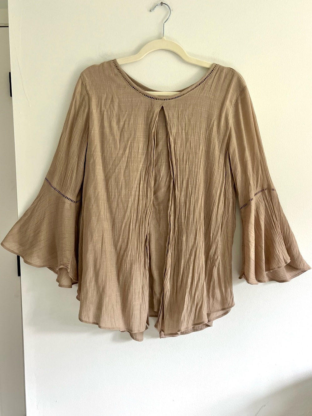 Boho Bell-Sleeve Textured Gauze Layered Tunic Blouse Top Neutral Festival Small